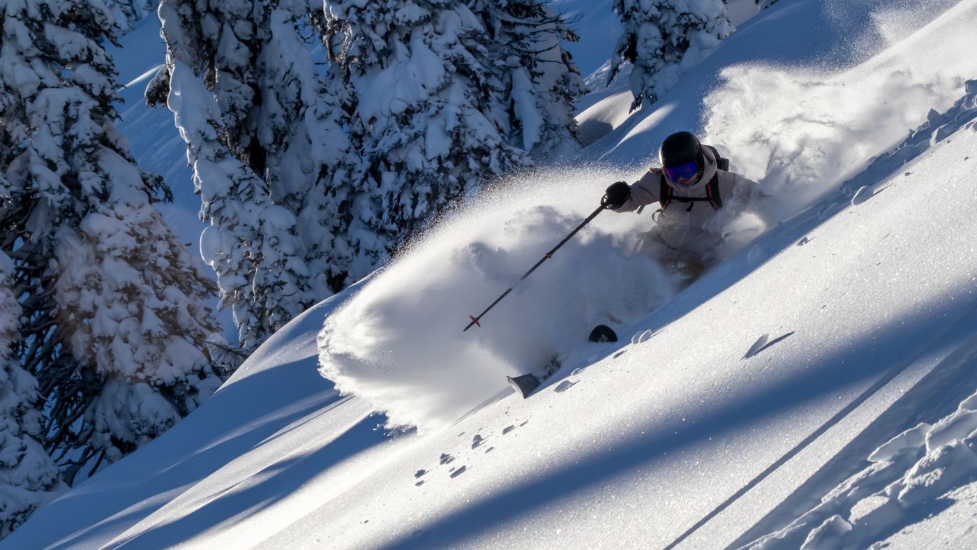 Backcountry skier floating through untouched Montana powder during Great Northern Powder Guides cat skiing trip.