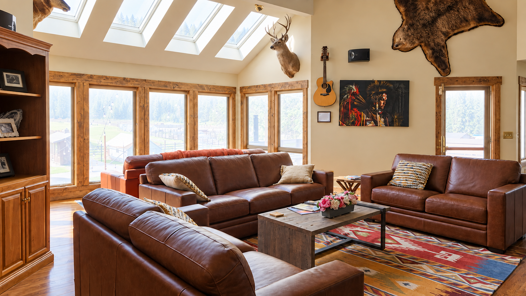 Rustic lodge living area with leather sofas, wood accents, large windows, and Western-style décor